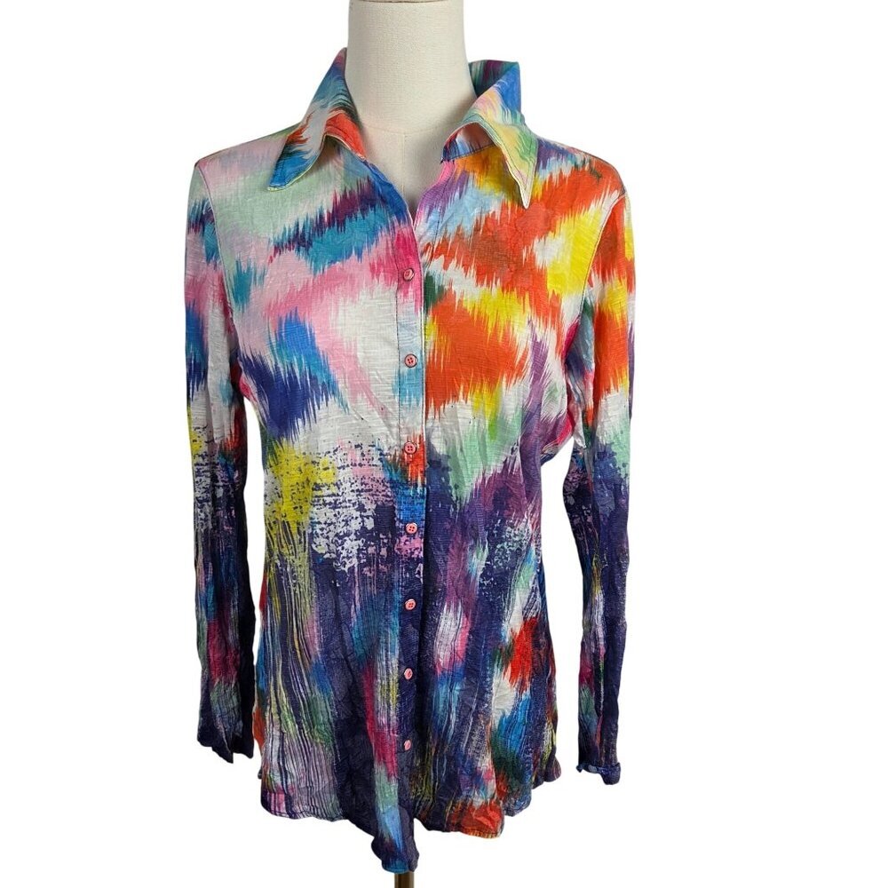 David Cline Top Small Snap Front‎ Crinkle Shirt Colorful Print Artsy Dopamine